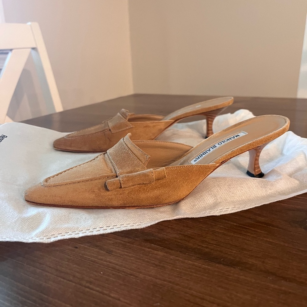 Manolo Blahnik Suede Mules. Semi pointed toe, stiletto heel. Heels are 2.25”.